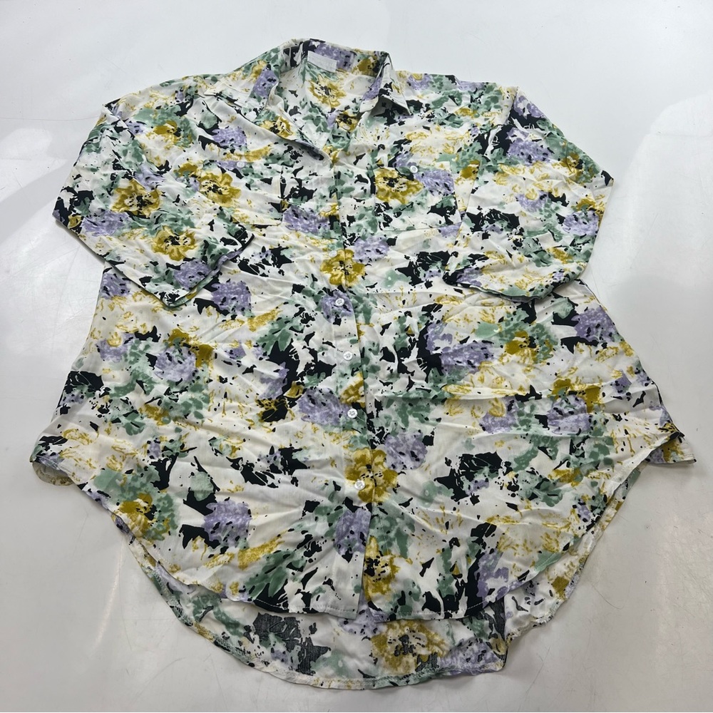 Zoye chen women’s white green purple floral button down shirt tunic M L104-40